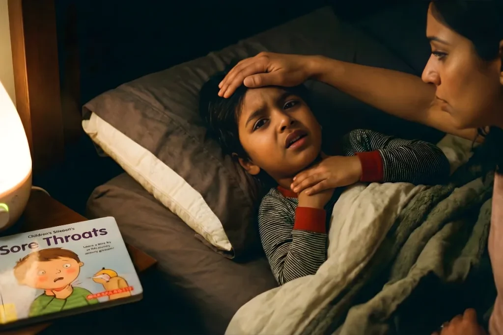 Image of a child with sore throat resting in bed