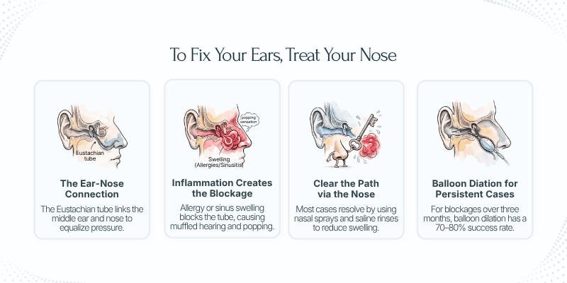 Diagram showing the anatomical connection between the nose, nasal sinuses, and Eustachian tube, illustrating how sinus inflammation can contribute to eustachian tube dysfunction treatment needs.